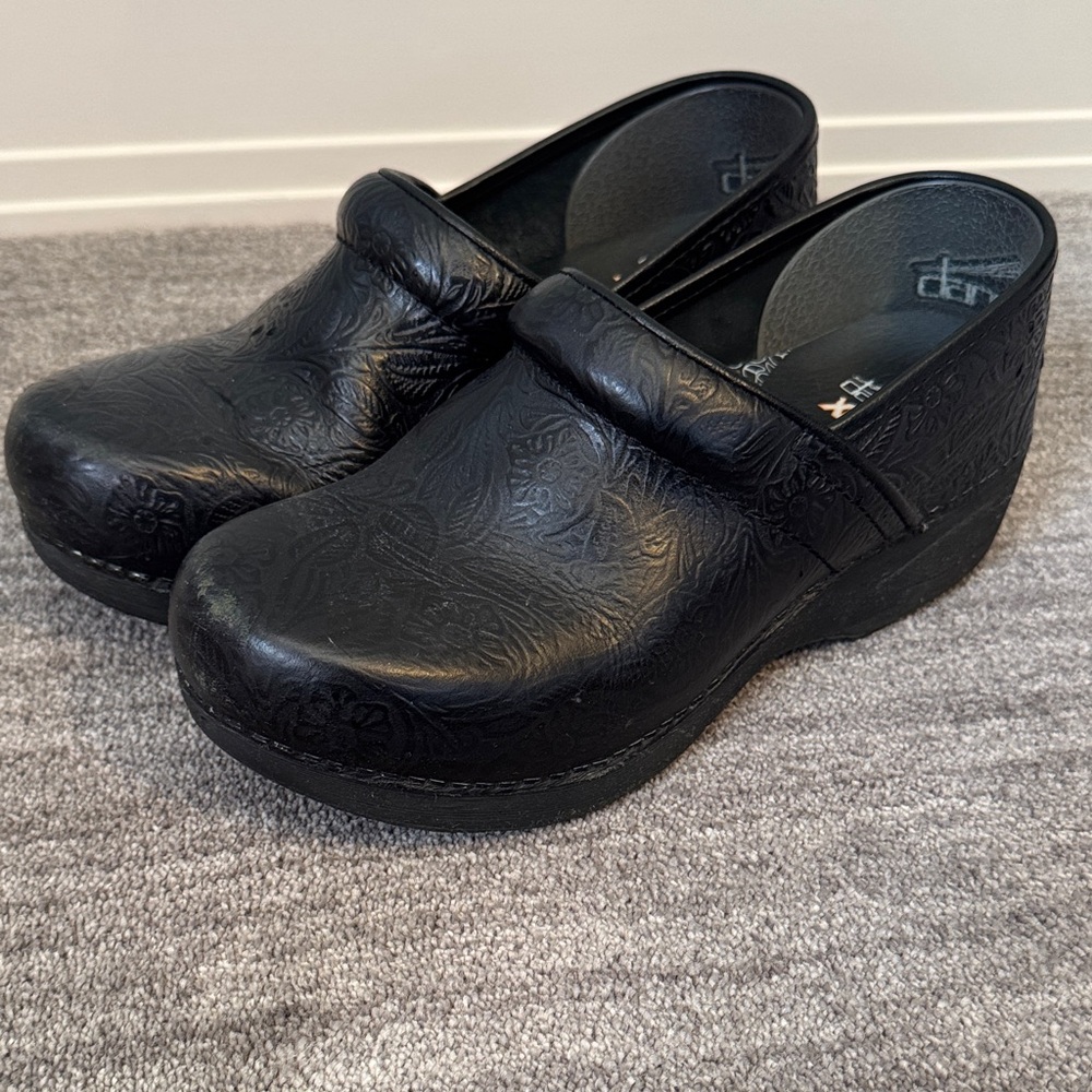 Dansko Black Embossed Leather Clogs